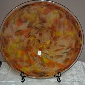Artistic Glass Bowl with Orange and Yellow Swirls